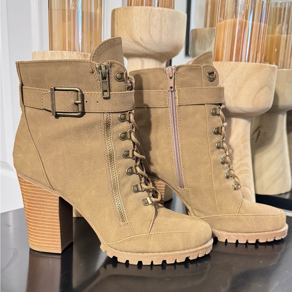 JustFab Tan Lace-Up Heeled Boots
